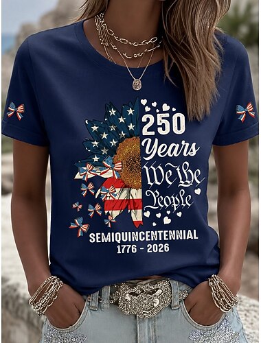  Amerikaanse onafhankelijkheidsdag Dames T-shirt Afdrukken Grafisch Vlag Brief Vintage Modieus Stijlvol Korte mouw Strakke ronde hals Ronde hals Lange tops Casual Dagelijks Weekend blauw Khaki Wit