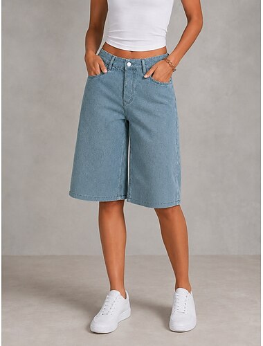  Mulheres Jeans Ganga Burmuda Shorts Moda Comprimento do joelho Cintura Alta Clássico Conforto Formal Preto Azul Claro Cinzento Verão Primavera