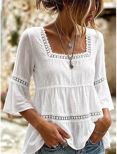  Festival de Música Mulheres Blusa Renda Patchwork Guarnição do laço Côr Sólida Diário à moda Básico Manga 3/4 Decote Quadrado Tops longos Casual Diário Preto Branco Azul Céu Verde Verão Primavera