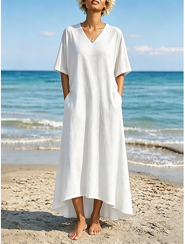  Boho maxi-jurk met V-hals van katoen en linnen in effen kleur, losse pasvorm en asymmetrische zoom, geschikt als strandcover-up.