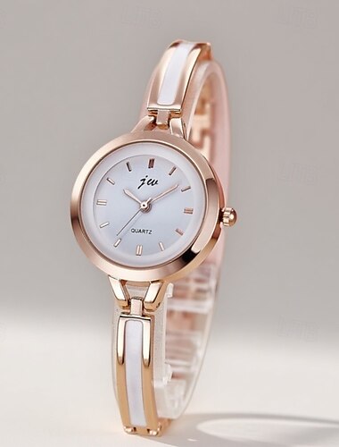  Montre-bracelet pour femme en or rose, élégante montre jonc avec incrustation d'émail blanc, montre-bracelet minimaliste à cadran rond analogique à quartz, bijou élégant à offrir aux femmes et aux