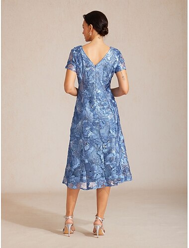  Pentru femei Rochii Midi Rochie A line Elegant Zilnic Invitat la nunta Paiete Brodat Fit regulat Floral Manșon scurt Stil Nautic Wedgewood