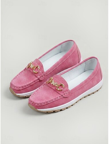  Mocassins roses pour femme, à enfiler, avec boucle dorée ornée de strass - mocassins confortables et décontractés, bout rond antidérapant, parfaits pour le bureau ou les voyages. &vêtements de tous