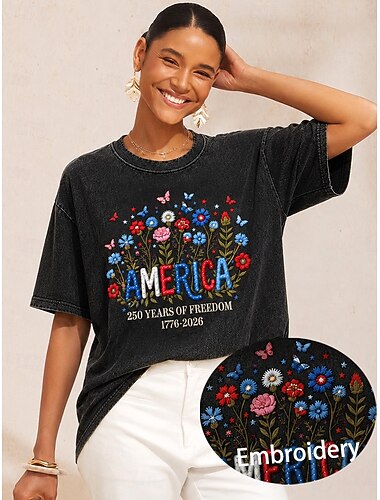  Damen-Top zum amerikanischen Unabhängigkeitstag: 100 % Baumwolle, bestickt, Vintage-Stil, stylisch, Kurzarm, Rundhalsausschnitt, lässig, schwarz, Sommer/Frühling