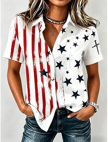  Jour de l'Indépendance Américaine Femmes Chemise Graphique Drapeau ancien Élégant Occasionnel Manche Courte Col de chemise Hauts Réguliers Occasionnel Quotidien Blanche Été Printemps