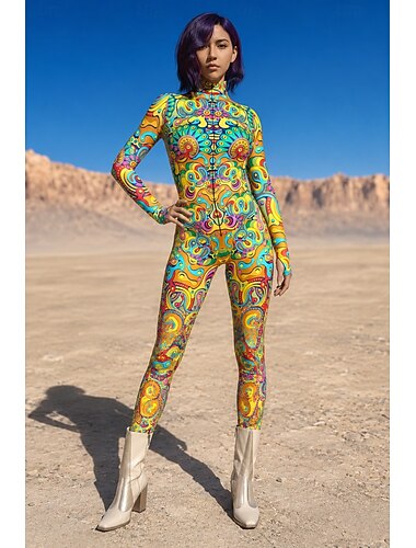  combinaison Costume grenouillère Impression Combinaison Intégrale Femmes Rave Graphique Hippie Costume pour Festival de Musique Soirée Boîte de Nuit Halloween Carnaval Enfant Adulte