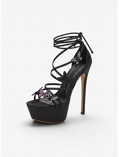  Scarpe con tacco a spillo nere da donna con plateau - décolleté con lacci e decorazioni a farfalla per feste sexy, discoteche e pole dance