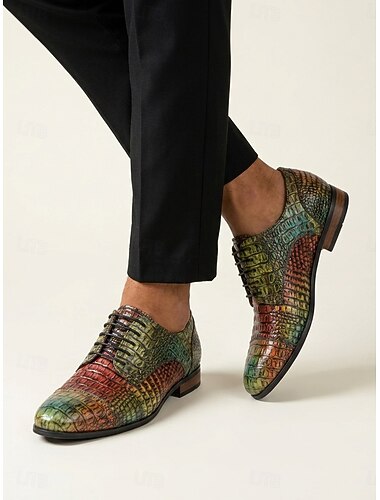  Bunte Herren-Hochzeitsschuhe aus Leder – mehrfarbiger Krokodilprint, einzigartiges und auffälliges Schuhwerk für Hochzeitsfeiern und formelle Anlässe