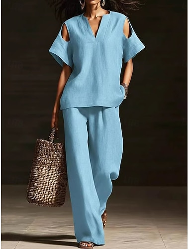  Completo da donna casual con scollo a V traforato + pantaloni in cotone e lino, maniche corte, scollo a V semplice, moda streetwear casual quotidiano per esterni, blu, nero, bianco, primavera