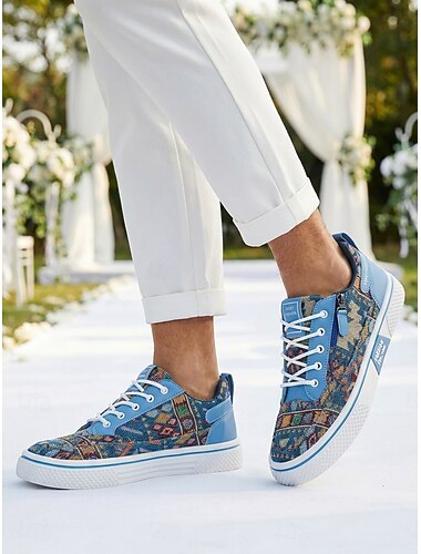  Sneakers casual da uomo blu con stampa floreale - scarpe da passeggio leggere e comode con lacci - calzature basse ed eleganti per matrimoni in giardino, feste all'aperto, viaggi e abbigliamento casual elegante