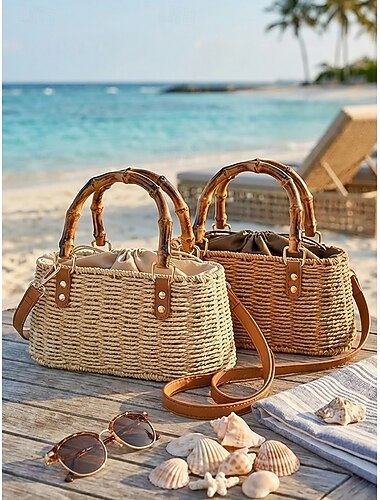  Damestas in bohemian stijl, geweven, kaki beige schoudertas met handvat aan de bovenkant, ideaal voor strandvakantie, reizen of dagelijks gebruik.