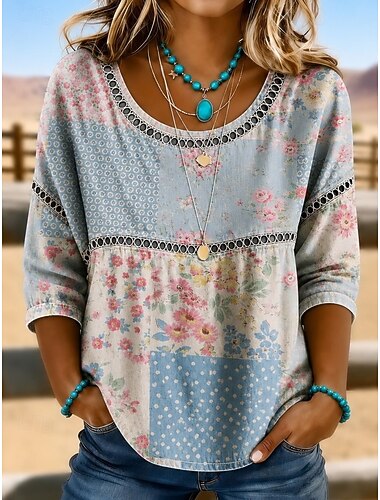  Per donna Camicia Top traforato Camicia casual Floreale Grafico Elegante Bohemien Attivo Manica 3/4 Girocollo Top lunghi Casuale Blu Verde salvia Rosa Arcobaleno Estate Primavera Autunno Inverno