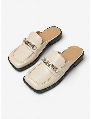  Crèmekleurige leren instappers voor dames – vierkante neus met kettingaccent, casual &stijlvolle alledaagse schoenen voor dames