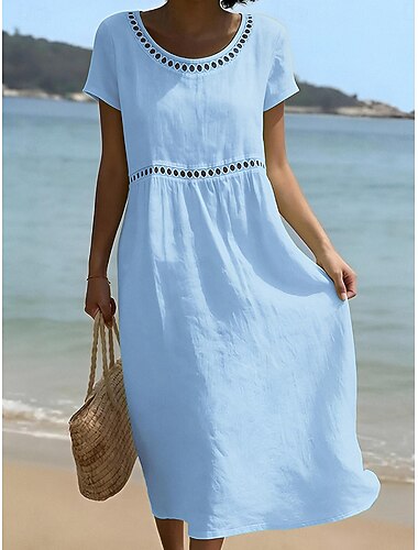  Mulheres Vestido midi Vestido casual Vestido de verão Básico Clássico Diário Férias Ajuste Largo Tecido Manga Curta Gola Redonda Azul Branco Amarelo Rosa Verão Primavera