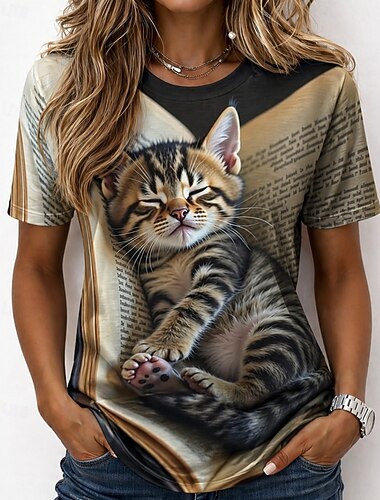  Femmes T-shirt Imprimé Graphique Animal ancien Élégant Classique Manche Courte Col ras du cou Col rond Hauts Réguliers Occasionnel Quotidien Week-end Blanche Gris Clair Gris Été Printemps Automne