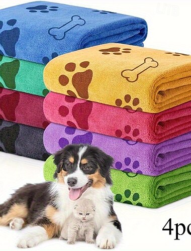  Schnelltrocknende Haustierhandtücher, 4er-Pack, zufällige Farben, schnelltrocknend, weich, saugfähig, aus Polyester - Badezubehör für mittelgroße Hunde, Pfotenabdruck-Design.
