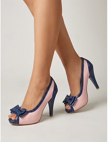  Damespumps met open neus uit de jaren 50 - retro roze &marineblauwe hakken met strikdetails &Slangentextuur voor retrofeesten en bruiloften. &pin-upstijl evenementen