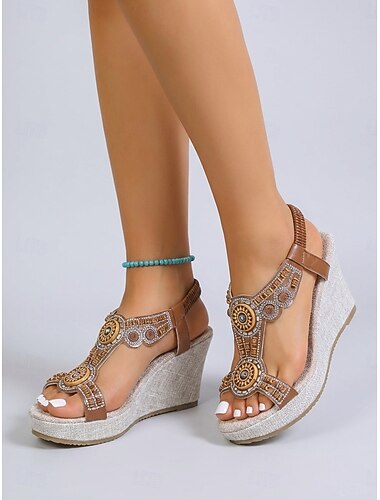  Sandali con zeppa da donna marroni in stile boho - eleganti sandali con plateau in stile etnico con ricami tribali di perline, perfetti per vacanze all'aperto in resort e feste estive in giardino.