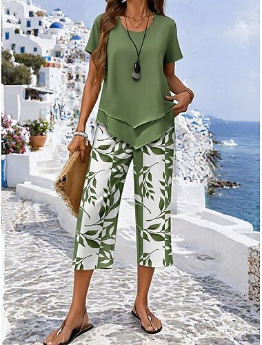  Per donna Set di Pantaloni Manica Corta Scollo a V Floreale Moda Streetwear Casuale Quotidiano All'aperto Blu Nero Rosso Estate Vestibilità regolare