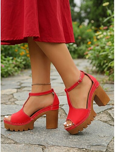  naisten punaiset peep toe -korkokengät, paksut korkokengät säädettävällä nilkkahihnalla, vintage-t-hihnaiset kesäkengät puutarhajuhliin &vapaa-ajan vaatteet