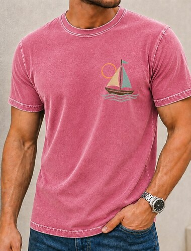  Homme Voilier Chemise délavée à l'acide T-shirt épais Manche Courte T-shirt DTG Col ras du cou Chemise Hawaïen Quotidien Fête Bleu Rose Claire Orange Printemps & Été Vêtement Tenue S M L XL XXL