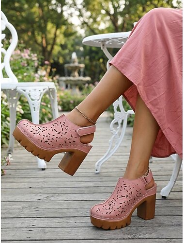  Rosa dampumps med grov platåklack och slingback – utskuren design, sluten tå &justerbara remmar, stilrena blockklackar för trädgårdsfester, resor och fritidskläder
