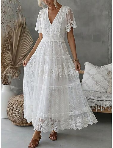  Damen Maxikleid Spitzenkleid Weißes Kleid Elegant Mode Strand Urlaub Party Normale Passform Blumen Kurzarm V Ausschnitt Weiß Sommer Frühling