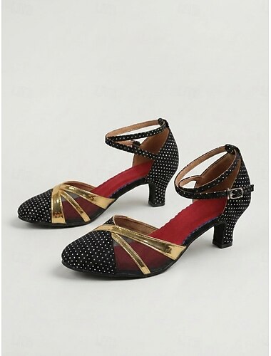  Damesdansschoenen met zwarte stippen – elegante, gesloten latin hakken met ademend mesh &Enkelbandje voor de wals, tango en foxtrot &sociaal dansen