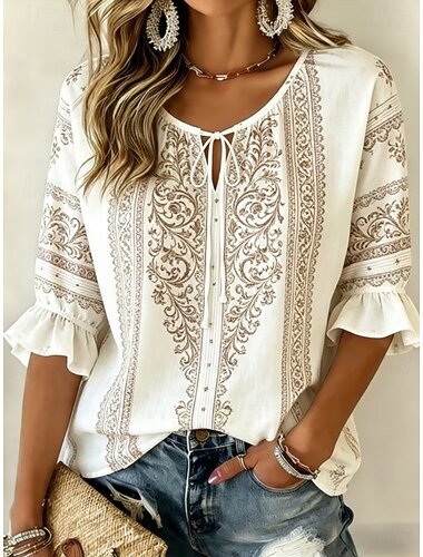  Per donna Camicia Grafico Geometrico Paisley Bohemien Vacanza Vintage Manica Lunga Scollo a V Top Regolari Casuale Quotidiano Ferie Blu scuro Beige Estate Primavera