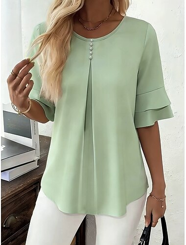  Mulheres Blusa Tecido Férias Moda Meia Manga Gola Redonda Tops regulares Casual Azul Rosa Roxo Verde Verão Primavera