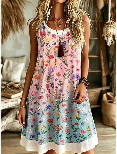  Per donna Abito al ginocchio Vestito Estivo Abito a trapezio Vacanza Casual Boho Vestibilità regolare Floreale Grafico Senza Maniche Collo a U Rosa Viola Estate Primavera