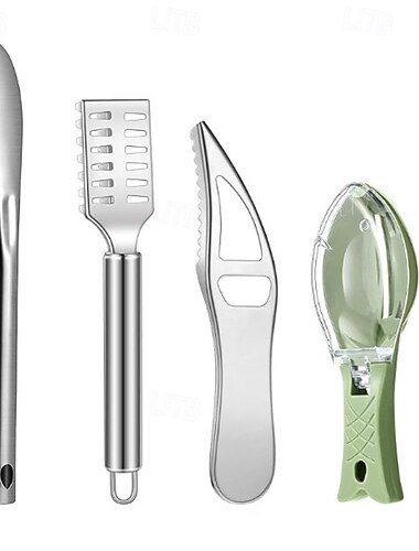 4-teiliges Fischentferner-Set aus Edelstahl, Küchenschupper, Fischhautreibe, Reinigungsschäler und -schaber, ideal für Zuhause, Küche, Fischmärkte und die professionelle Fischverarbeitung.