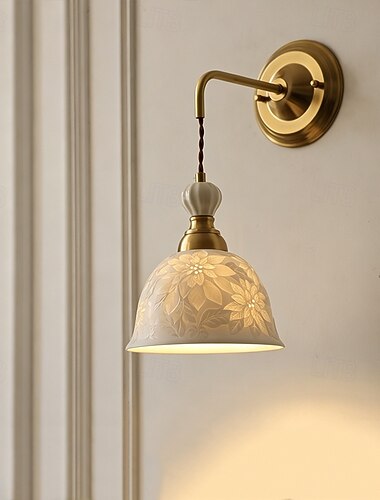  Luminária pendente/de parede elegante em cerâmica com cúpula em formato de rosa de latão, soquete E27, estilo vintage campestre, lustre com altura ajustável para decoração de cafés, restaurantes e corredores.