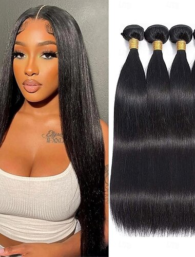  4 paquetes Tejidos de cabello Cabello Brasileño Recto Liso Sedoso Extensiones de Pelo Natural Pelo Natural Extensiones Naturales 8-30 pulgada Negro Color natural Suave Grueso Para mujeres de color