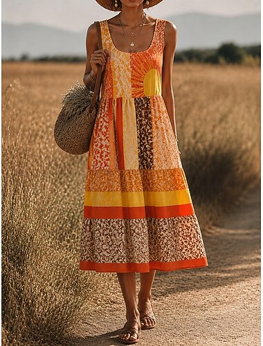  Per donna Abito Midi Vestito Estivo Abito a trapezio Abito a spalle scoperte Vacanza Casual Boho Spiaggia Data Vestibilità regolare Grafico Paisley Tribale Senza Maniche Collo a U Blu Viola Arancione