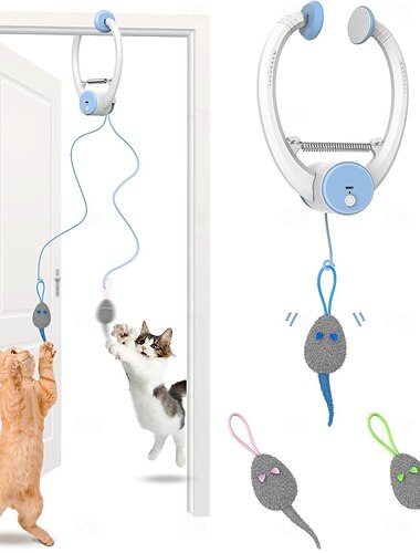  Interactief kattenspeeltje voor binnenkatten, slim, oplaadbaar via USB, automatisch intrekbaar speeltje voor kittens om aan de deur te hangen, elektronisch speelspeeltje met veertjes en 3 witte