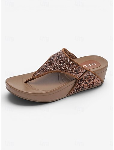  Infradito da donna marroni con glitter e zeppa di supporto plantare: sandali con plateau leggeri e comodi, con plantare imbottito, ideali per i viaggi estivi e per un comfort che dura tutto il giorno.