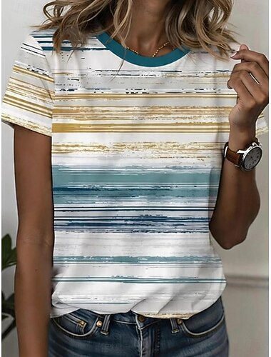 Dames T-shirt Afdrukken Gestreept  Grafisch Geometrisch Gestreept Vintage Stijlvol Klassiek Korte mouw Strakke ronde hals Ronde hals Normale tops Casual Dagelijks Wit / Groen Wit / Roze Zomer Lente
