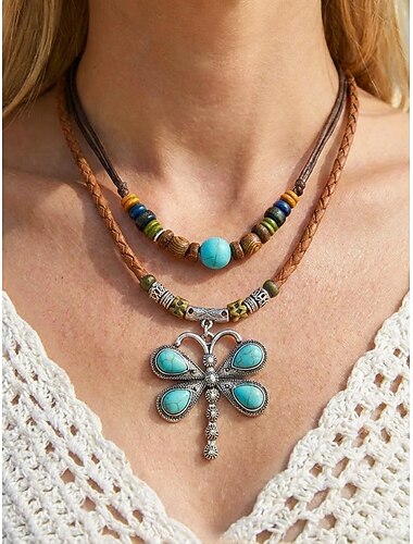  Damesketting met bohemian libellehanger, gelaagde choker van legering en leer met turkooizen kralen, dubbellaags, perfect voor strandvakanties, zomervakanties en dagelijks casual gebruik.