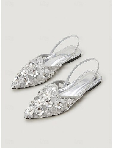  Damesschoenen met platte slingback in zilverkleur - bloemenprint met strasssteentjes en mesh, perfect voor diners in resorts, vakantiefeestjes en zomeravonden.
