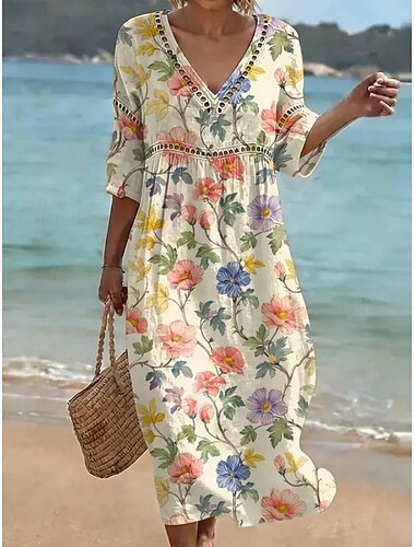  Damen Maxikleid Shiftkleid Sommerkleid Urlaub Party Lässig Täglich Strand Party Lässiger Schnitt Blumen Grafik Dreiviertelarm V Ausschnitt Hellgelb Weiß Beige Grau Sommer Frühling