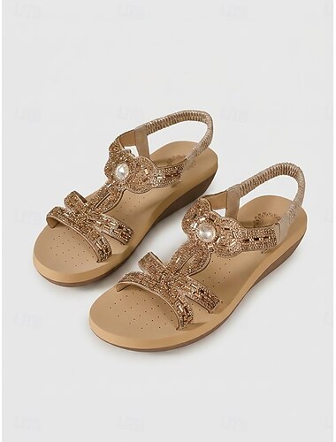  Sandali con zeppa da donna color champagne con strass - eleganti sandali boho scintillanti con decorazioni di perle &Cinturino elastico per la schiena, ideale per vacanze all'aperto e resort sulla