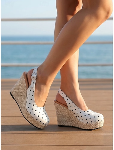  Witte espadrilles met stippen en sleehak voor dames - satijnen platformpumps met hielbandje voor eilandvakanties en zomerse tuinfeesten &cruise reizen