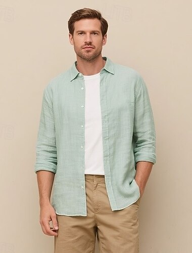  Per uomo Camicia di lino Camicia button-down Camicia casual Tinta unica Formale Casuale Bianco Verde chiaro Rosso Blu marino scuro Manica Lunga Collo ripiegato Estate Inverno Abbigliamento Puro