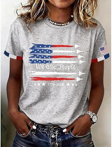  Ziua Independenței Americane Pentru femei Tricou Imprimeu Grafic Steag Scrisă Epocă Modă Stilat Manșon scurt Stil Nautic Rotund Topuri obișnuite Casual Zilnic Sfârșit de săptămână Albastru piscin
