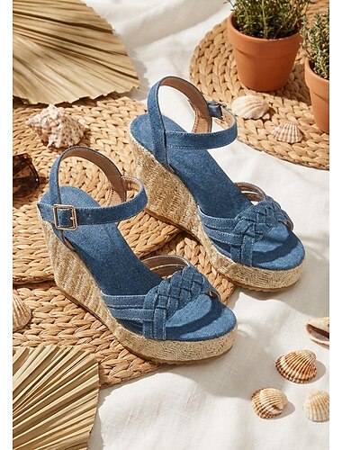  Damessandalen met sleehak van blauw denim - casual espadrilles met gevlochten bandjes en plateauhak, met gesp bij de enkel, perfect voor luxe cruisevakanties en tropische resorts. &zomerse