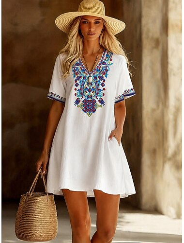  Per donna Abito al ginocchio Abito Boho Abito in cotone Elegante Vintage Ad aletta Spiaggia Weekend Abito Estivo Vestibilità comoda Ricamo Manica Corta Scollo a V Bianco Estate