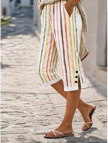  Mulheres Shorts de algodão e linho Calças Capri Leggings Calças Cropped Férias Vintage estilo avó costeira Capris Cintura Média Floral Gráfico Abstrato Imprimir Conforto Sem Elasticidade Diário Ao ar