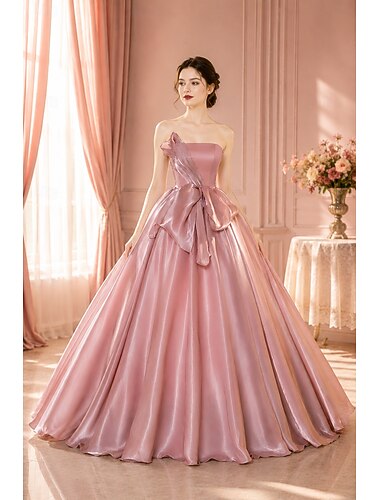  Baljurk A-lijn Tot de grond Galajurken Elegant Feest Prinses Mouwloos Strapless Schoolfeest Avond Feest Organza Blote Rug met Plooien
