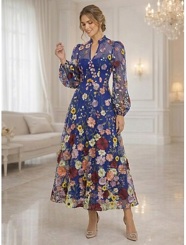  A-linje Ankellengde Blonde kjole Kjole til brudens mor Langermet V-hals Elegant Årgang Luksuriøs Formell Bryllupsgjest Bryllupsfest Blonder Tyll med 3D-blomster Broderi Blomst